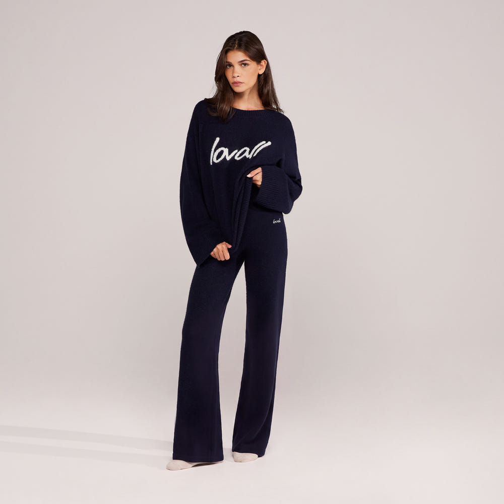 Alpaca Knit Wide Leg Trousers - Navy