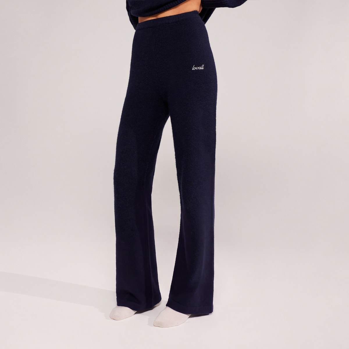 Alpaca Knit Wide Leg Trousers - Navy
