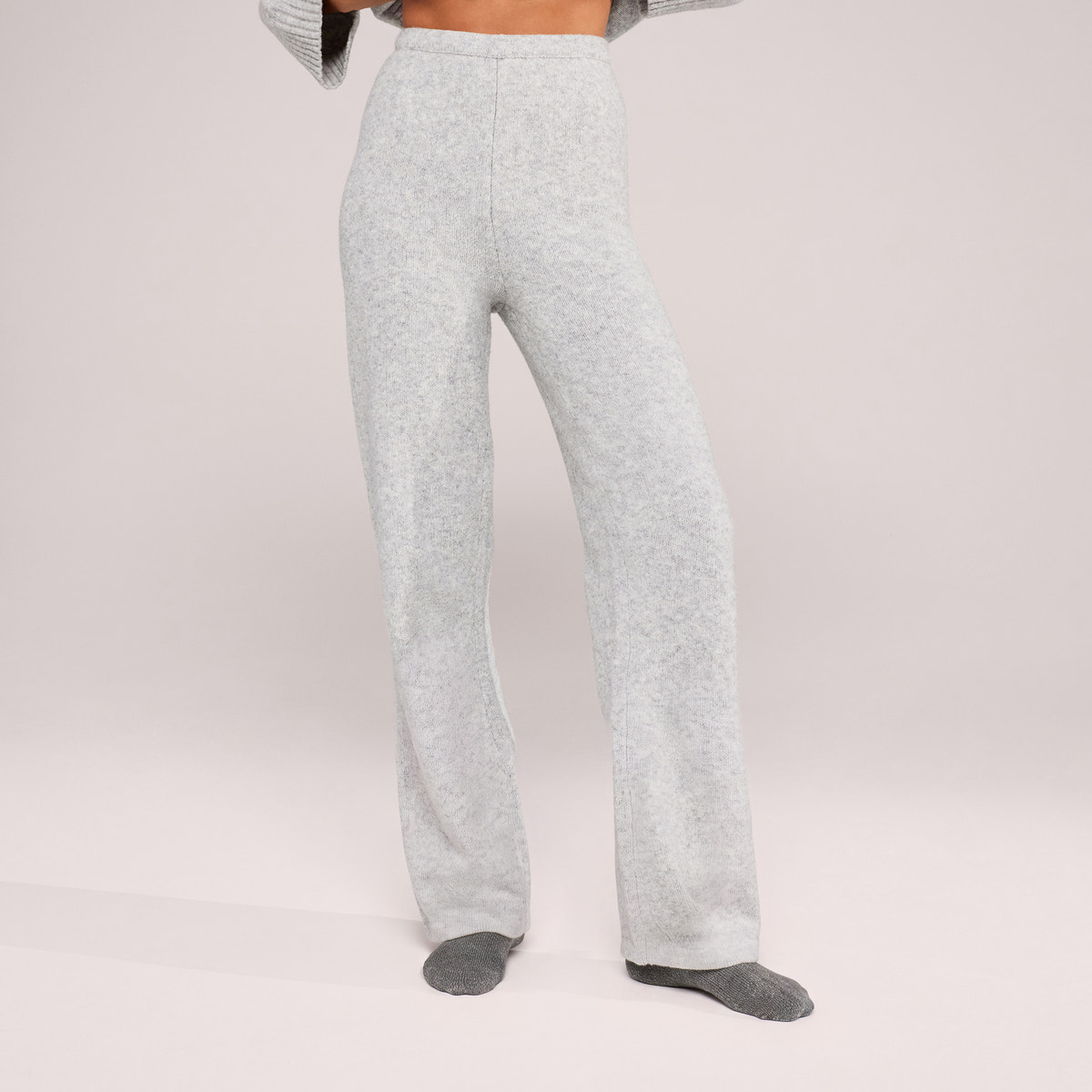 Wide Leg Knit Trousers - Light Grey