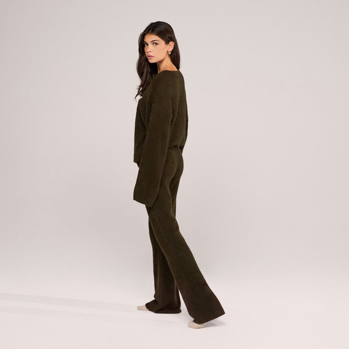 Alpaca Knit Wide Leg Trousers - Deep Olive