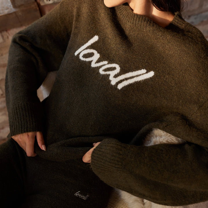 Alpaca Knit Script Oversized Jumper - Deep Olive