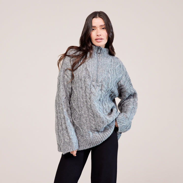 Cable Knit 1/4 Zip Jumper - Dark grey
