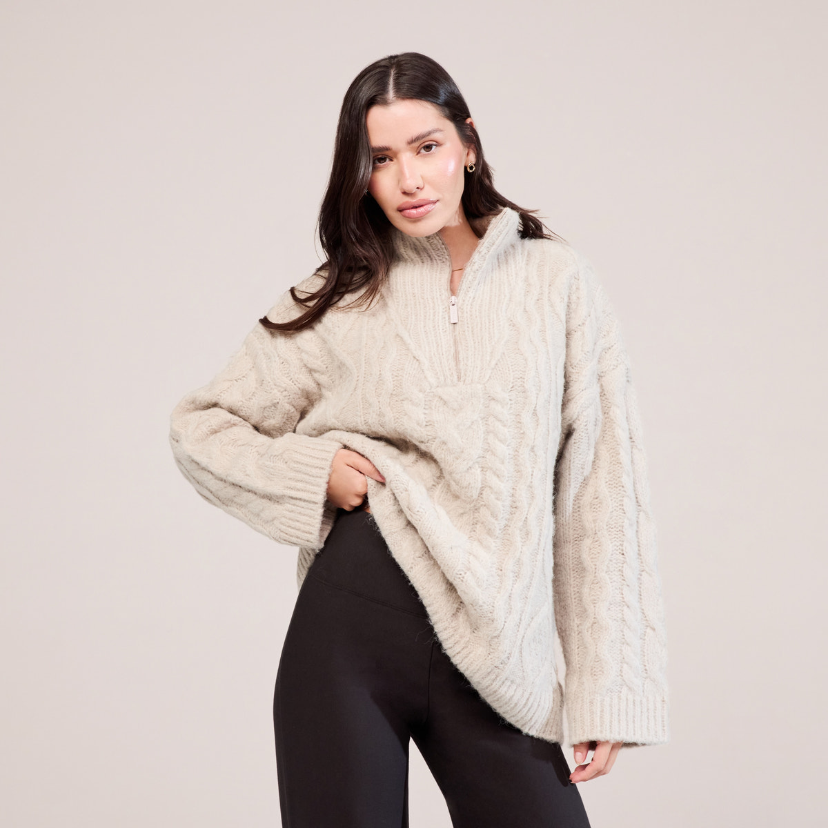 Cable Knit 1/4 Zip Jumper - Beige