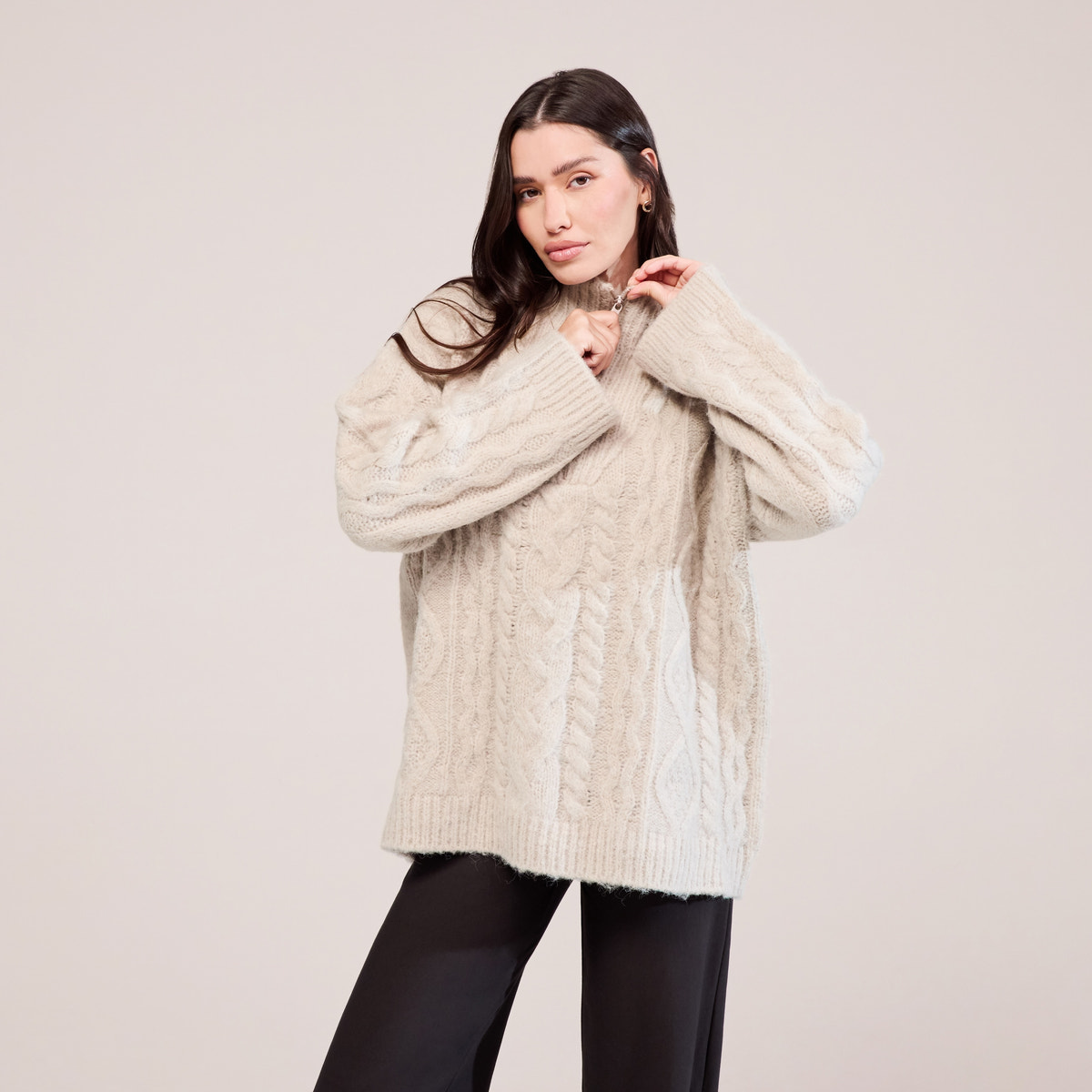 Cable Knit 1/4 Zip Jumper - Beige