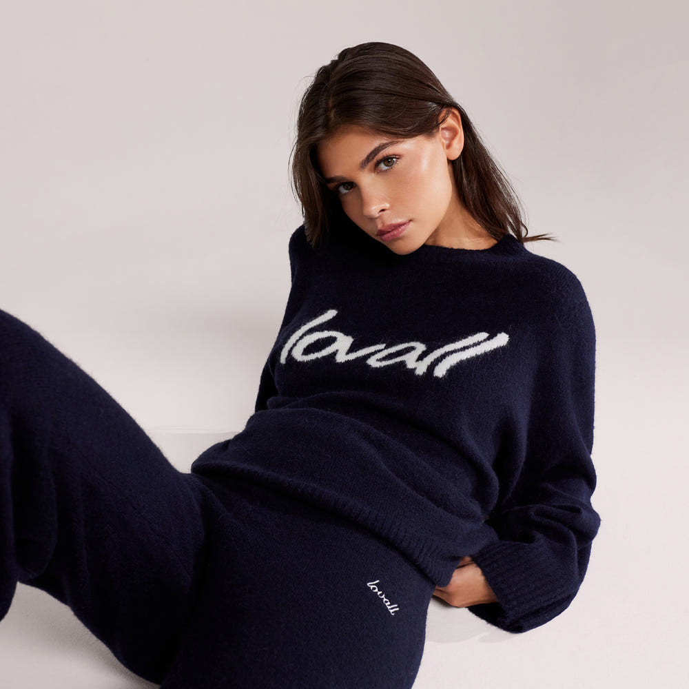 Alpaca Knit Script Oversized Jumper - Navy