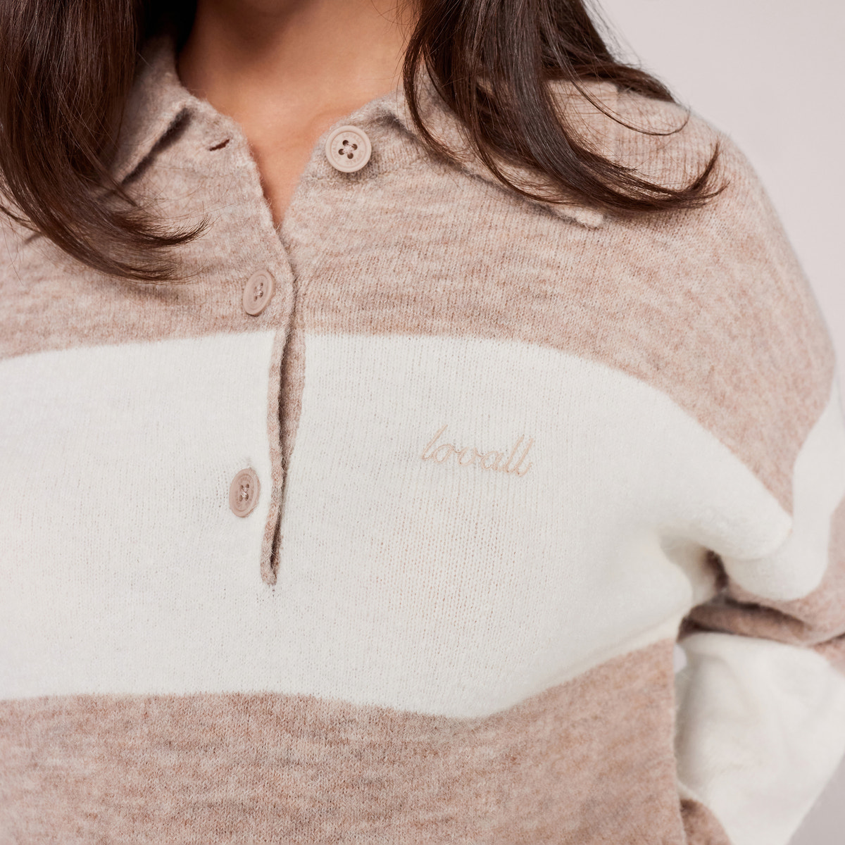 Alpaca Knit Oversized Polo Jumper - Beige Stripe