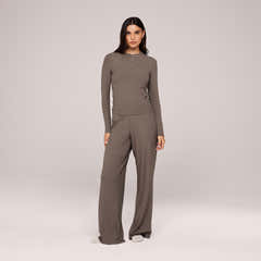 Soft Rib Lounge Wide Leg Bottoms - Mocha