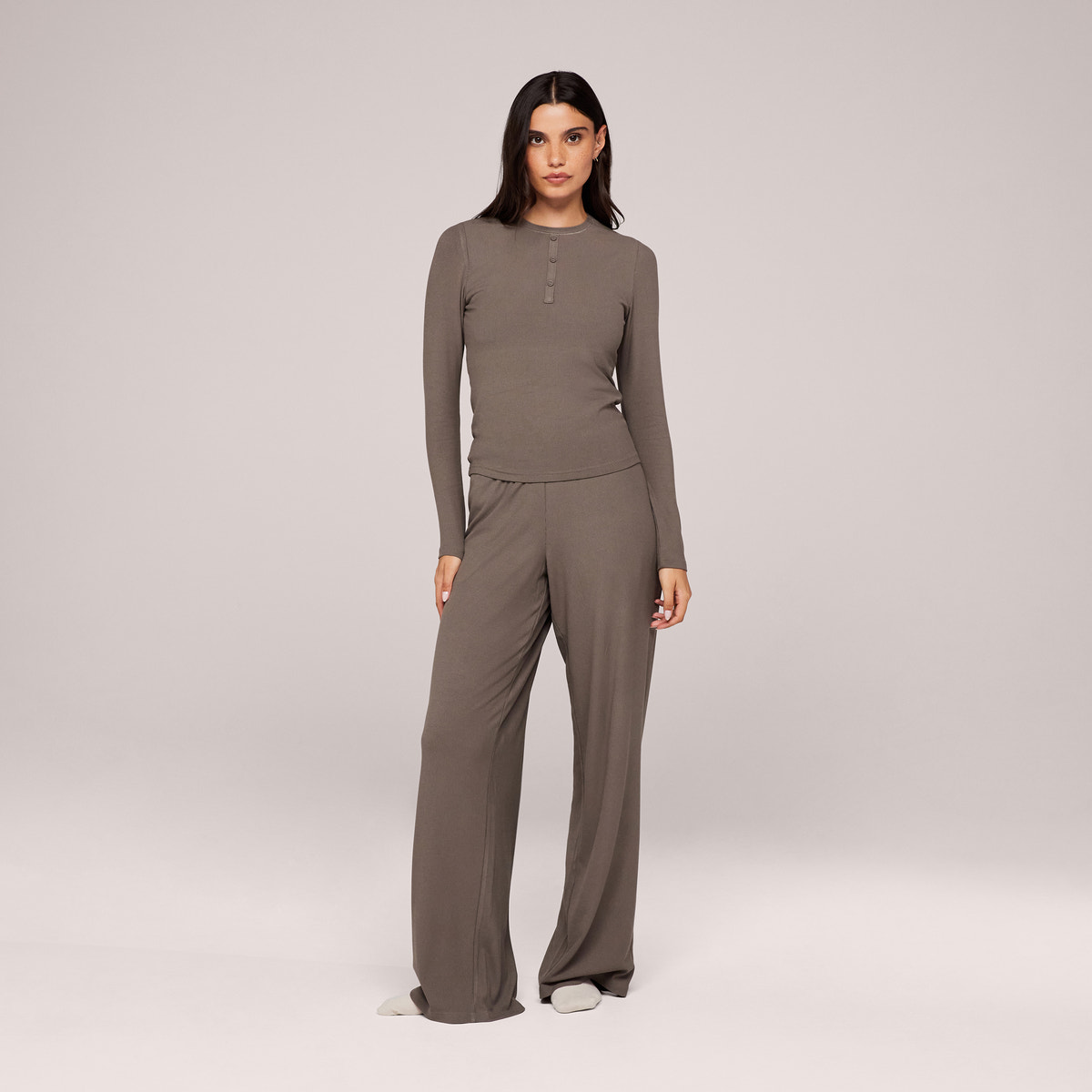 Soft Rib Lounge Wide Leg Bottoms - Mocha