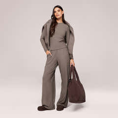Soft Rib Lounge Wide Leg Bottoms - Mocha