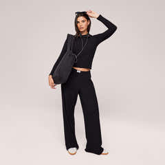 Soft Rib Lounge Wide Leg Bottoms - Black