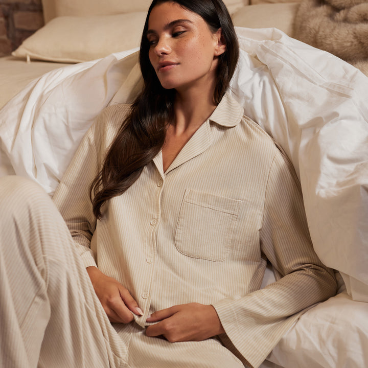 Organic Cotton Button Through Pyjama Top - Neutral Stripe